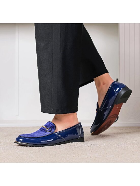 Men\'s Blue Rubber Velvet Patent Leather Loafers Gold Buckle Slip On Luxury Shoes